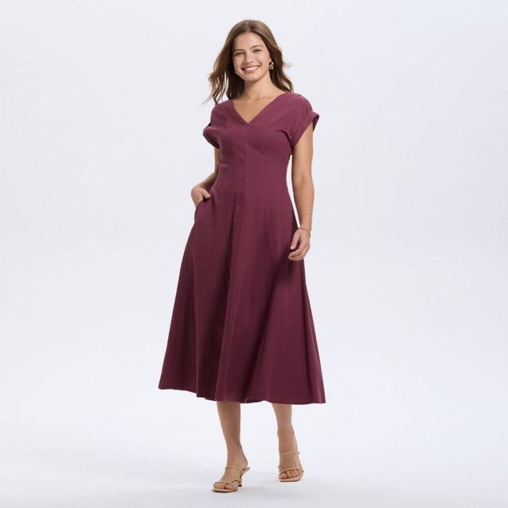 Women's Short Sleeve V-Neck Midi A-Line Dress - A New Day Mauve XXL